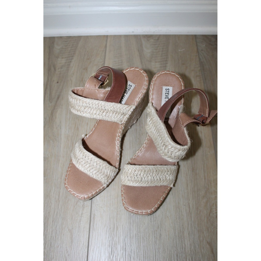 Steve Madden Womens 8.5M Brown Raffia Espadrille Wedge Sandals URUR01S1 Tan Boho